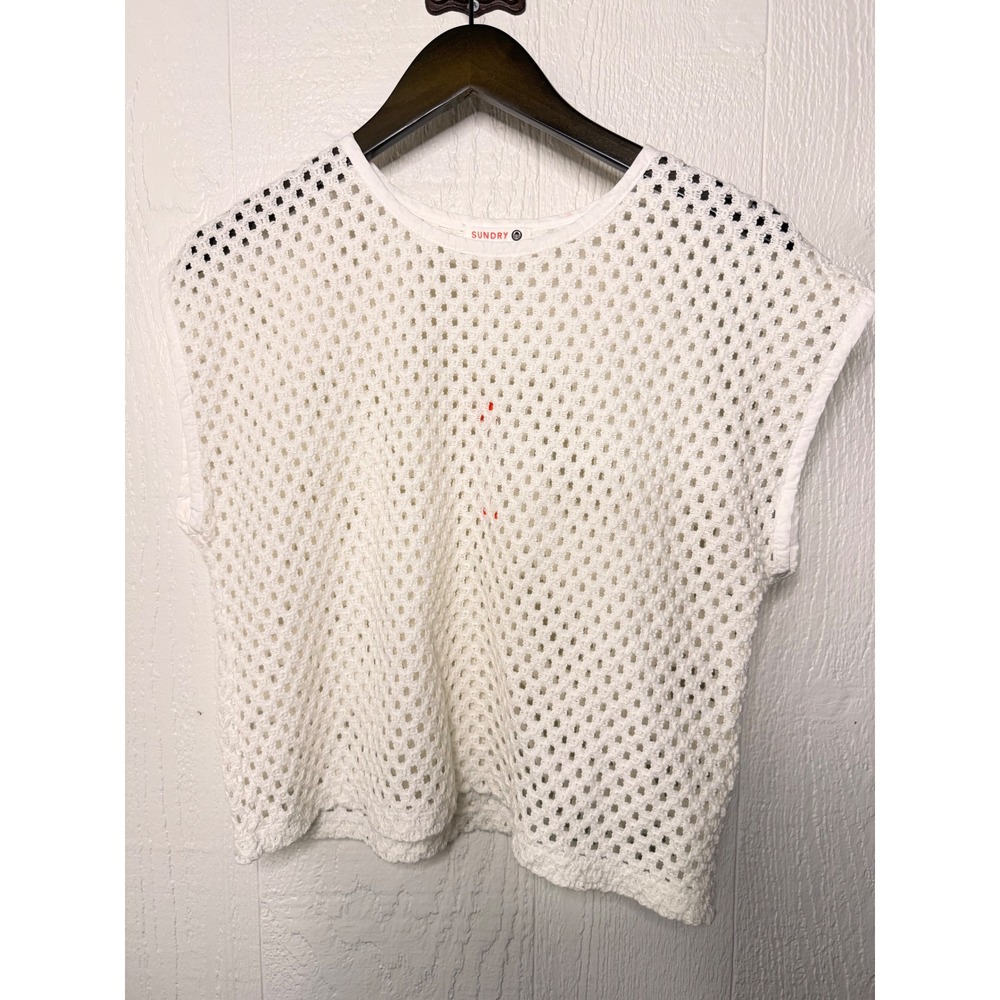 Sundry Optic White Mesh Crochet Cropped Short Sleeve Shirt SU26-MSH-H94 - Picture 2 of 3